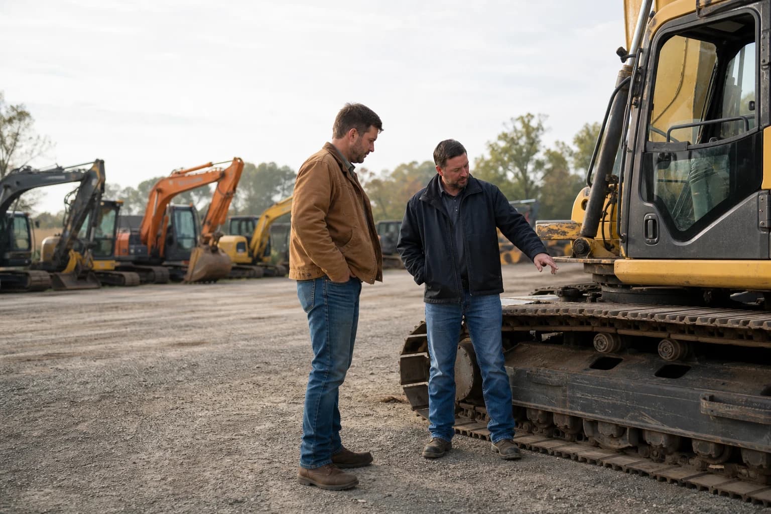 A buyer and equipment representative reviewing an excavator together in the dealership yard