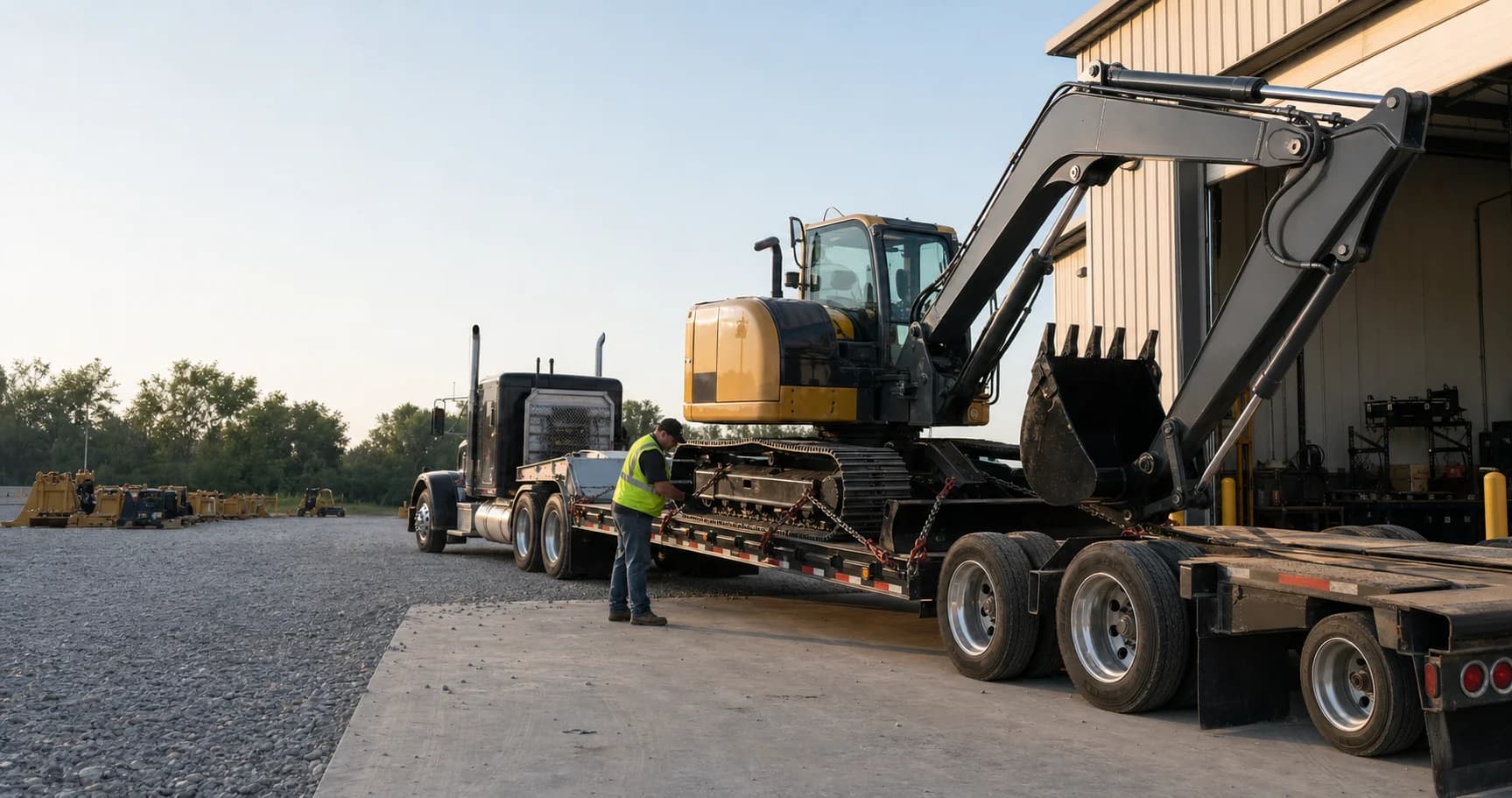 An excavator secured on a lowboy trailer while a dealership worker completes a delivery check